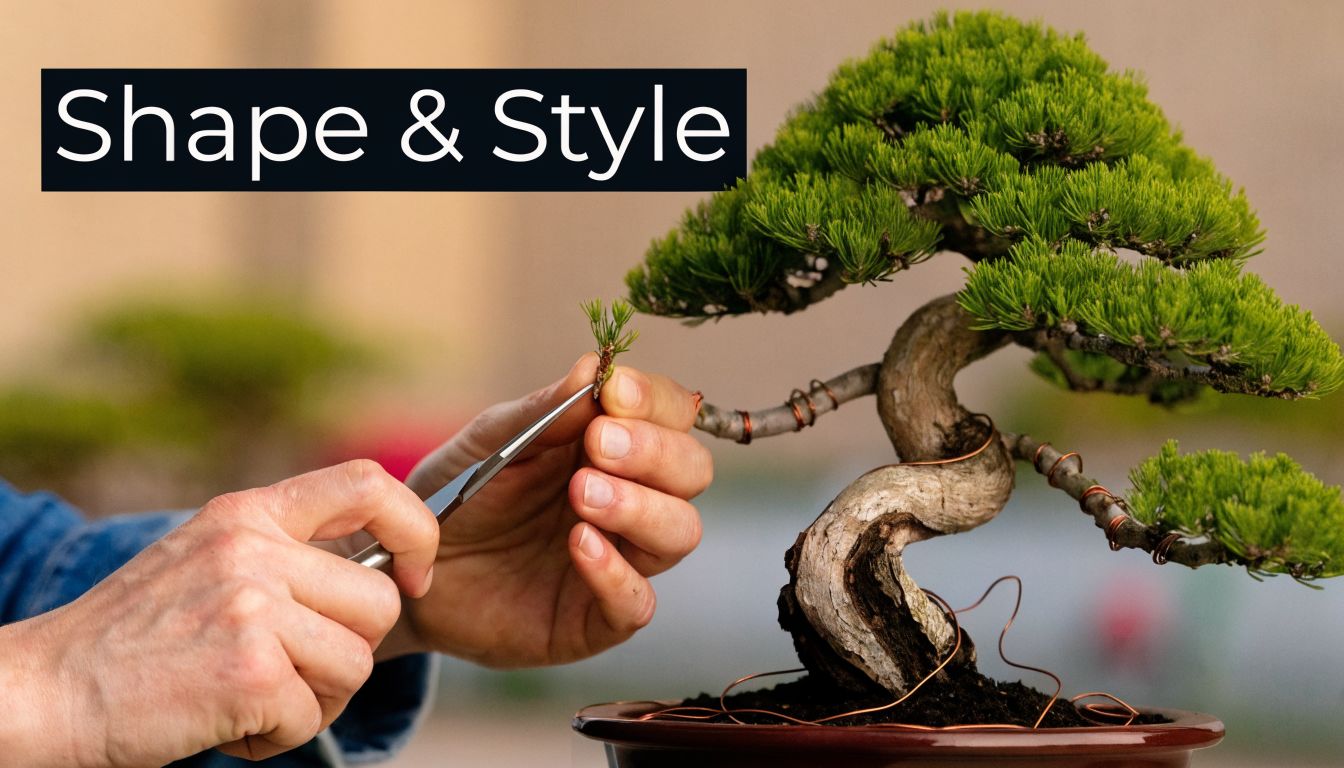 A pair of hands using tweezers to meticulously prune a small green bonsai pine tree.