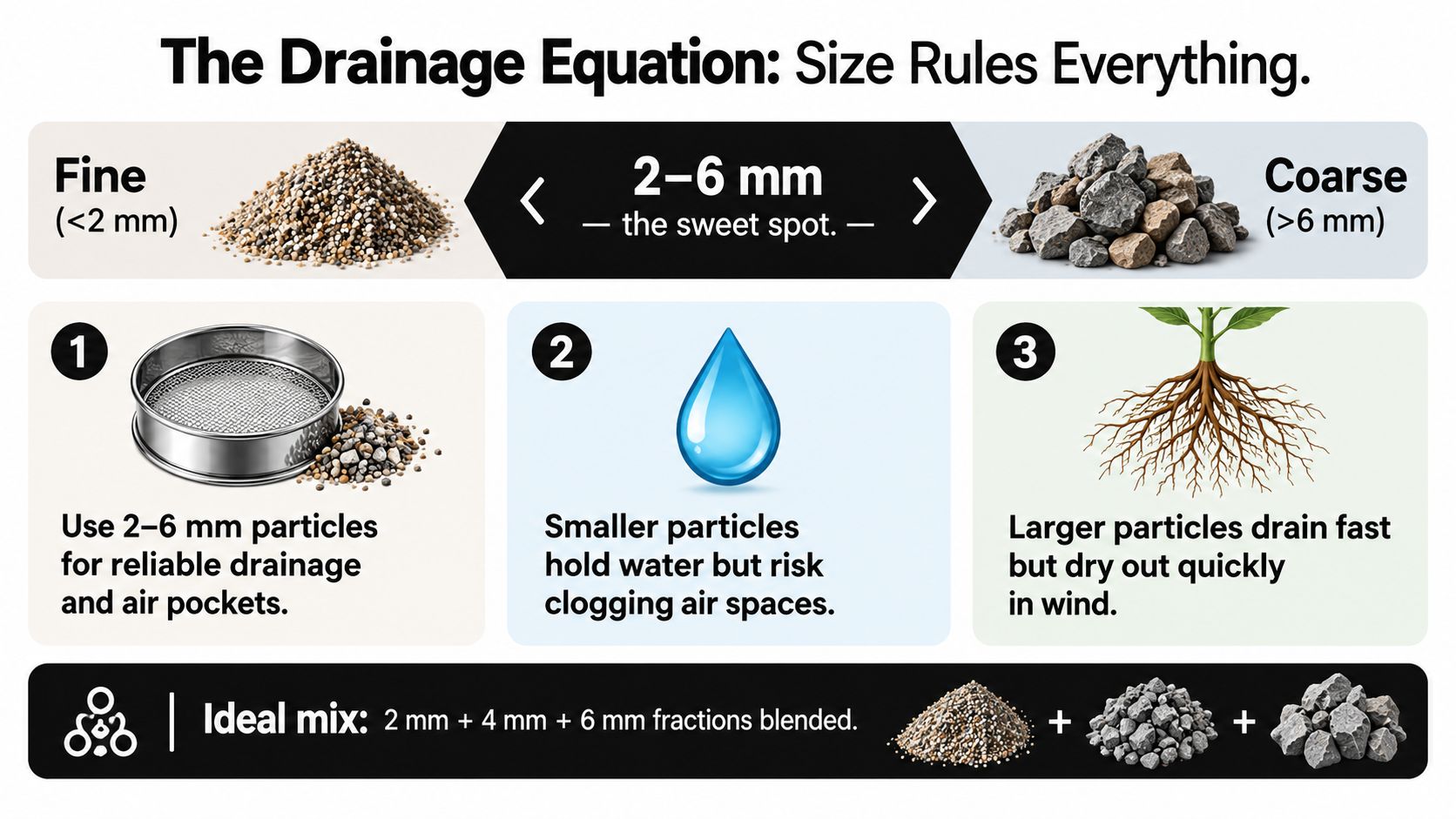 An infographic titled The Drainage Equation explaining the importance of soil particle size for plant drainage.