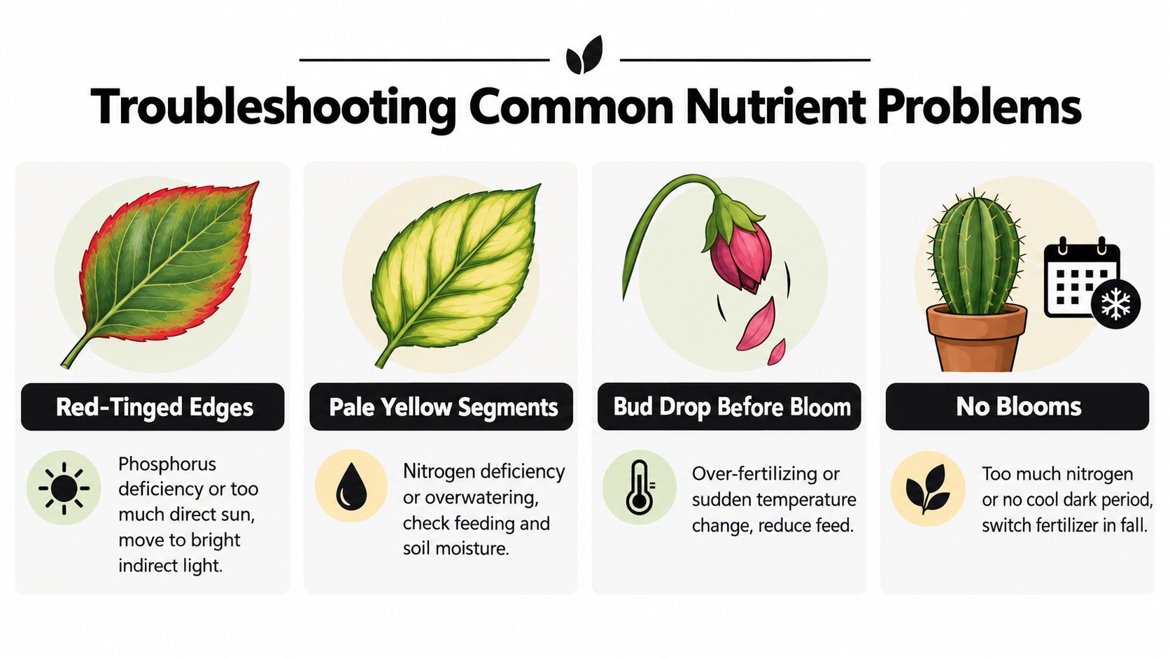 A troubleshooting guide showing four common problems for houseplants with symptoms and care tips for each.