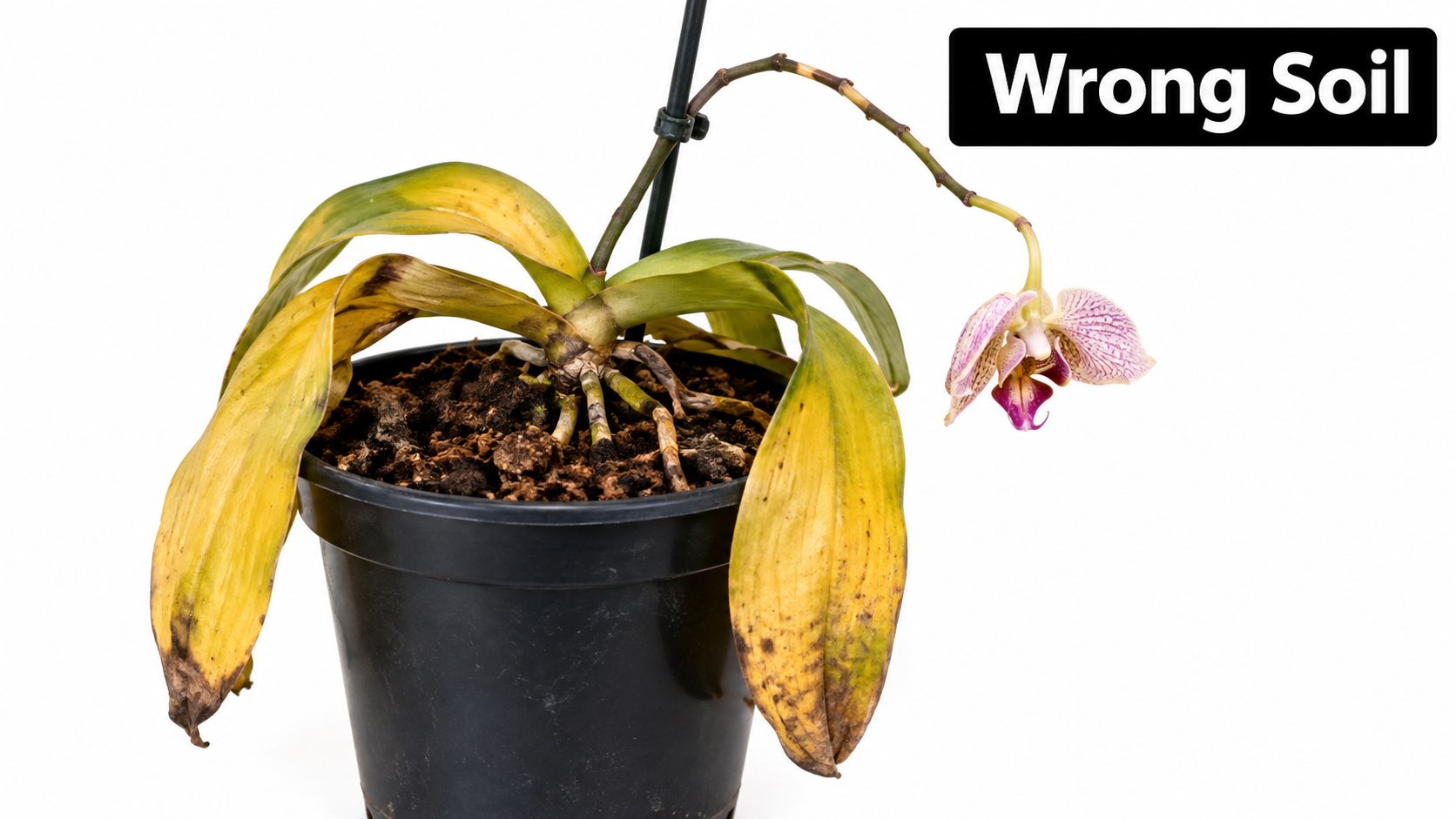 A dying orchid plant in a plastic pot with improper, dense soil causing yellow leaves and decay.