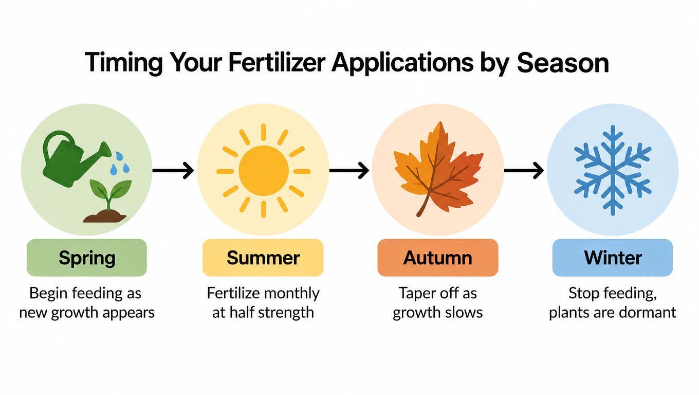 A seasonal guide showing when to fertilize plants throughout spring, summer, autumn, and winter seasons.