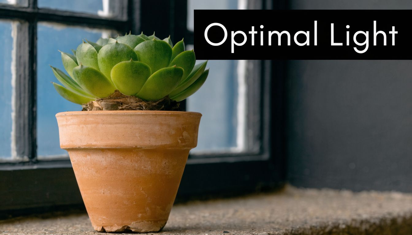 A healthy green succulent plant sitting in a clay pot on a window sill for optimal light.