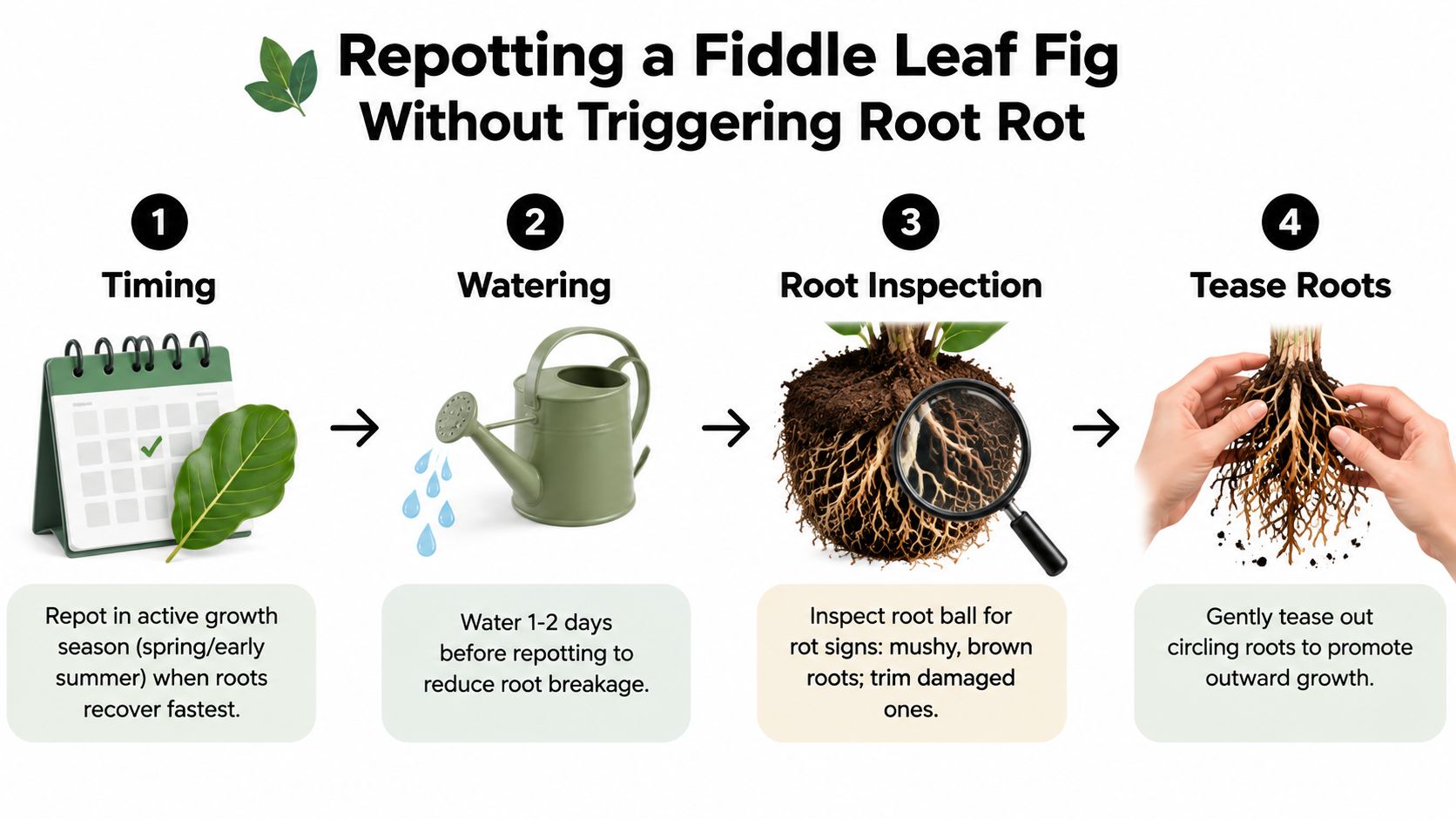 A four-step infographic showing how to safely repot a fiddle leaf fig to prevent root rot.