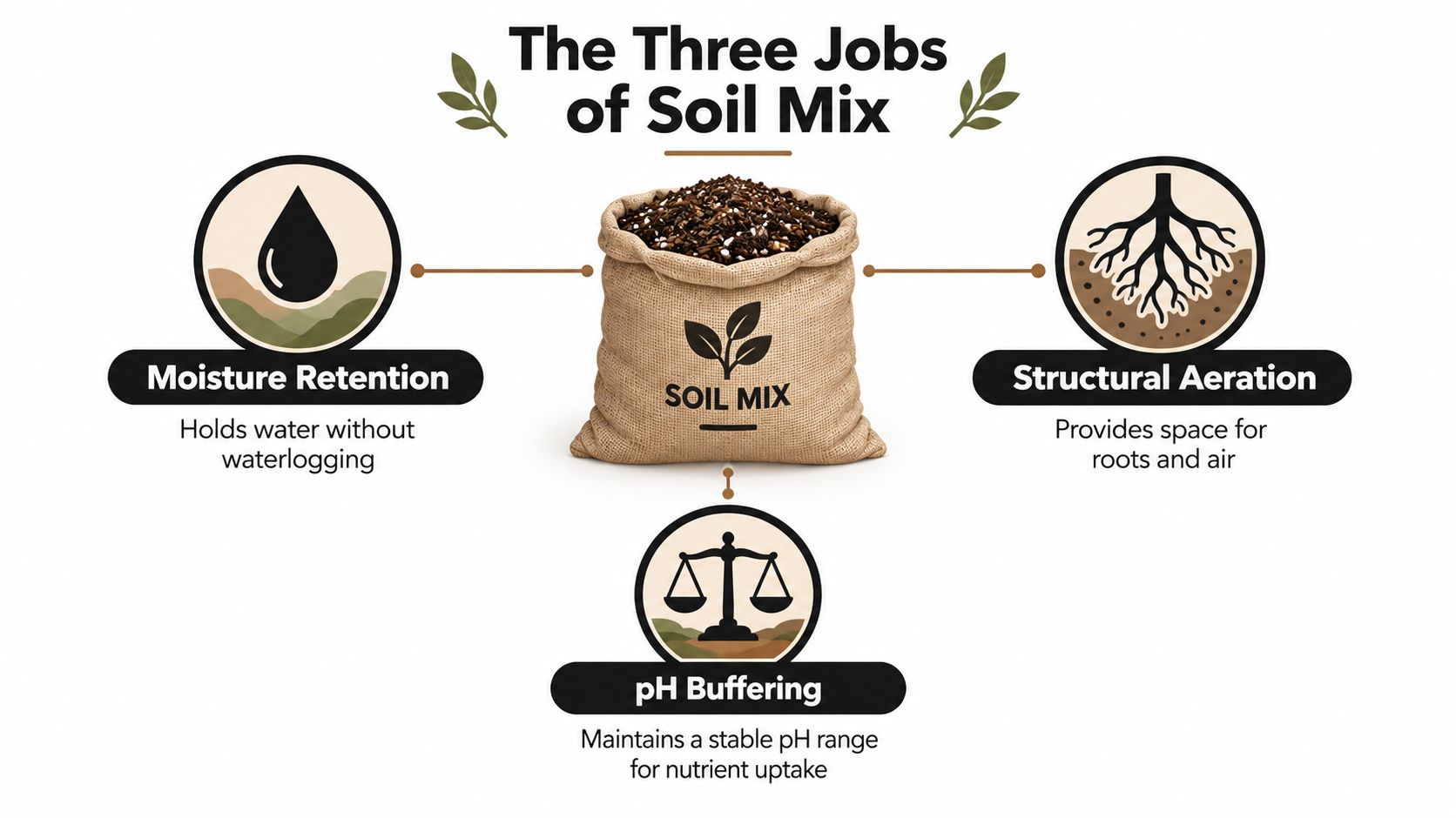 An educational infographic titled The Three Jobs of Soil Mix, displaying moisture retention, structural aeration, and pH buffering.