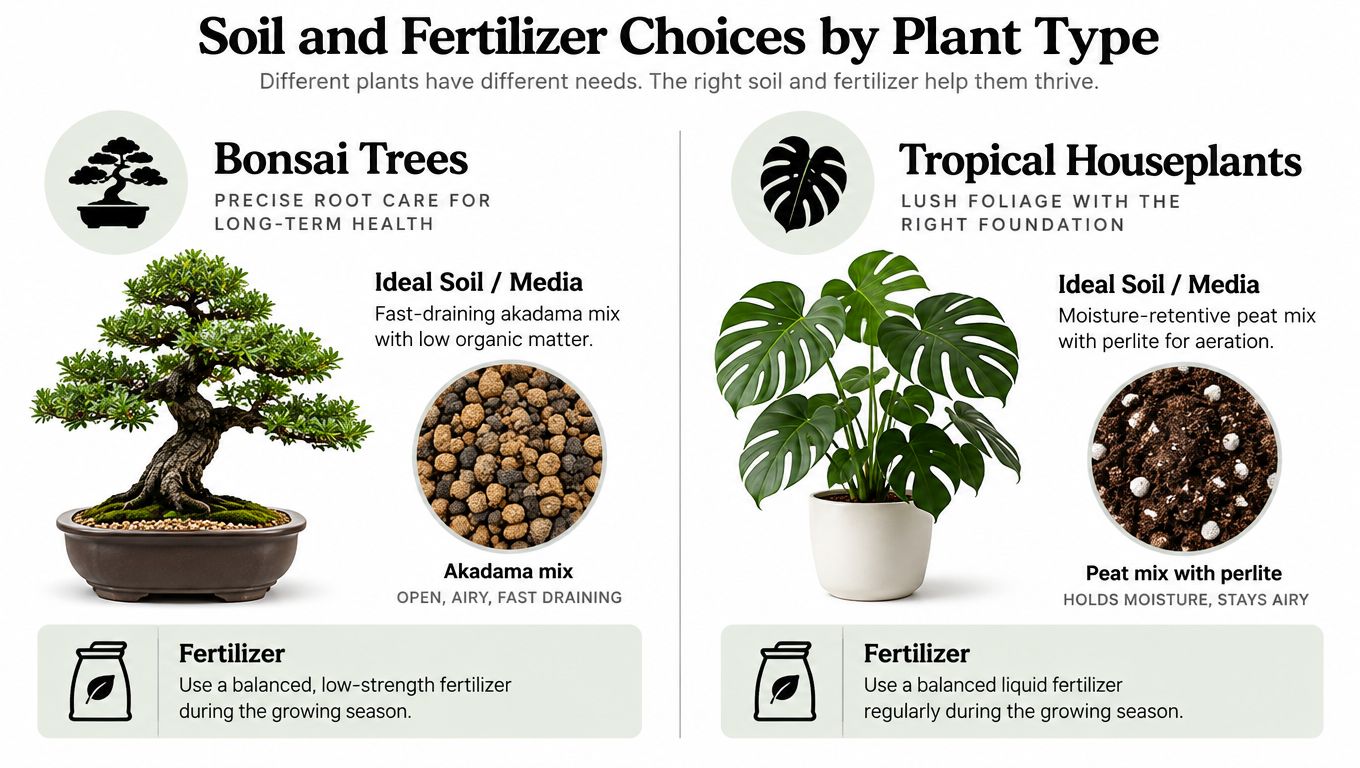 An infographic comparing ideal soil and fertilizer needs for bonsai trees versus tropical houseplants side by side.