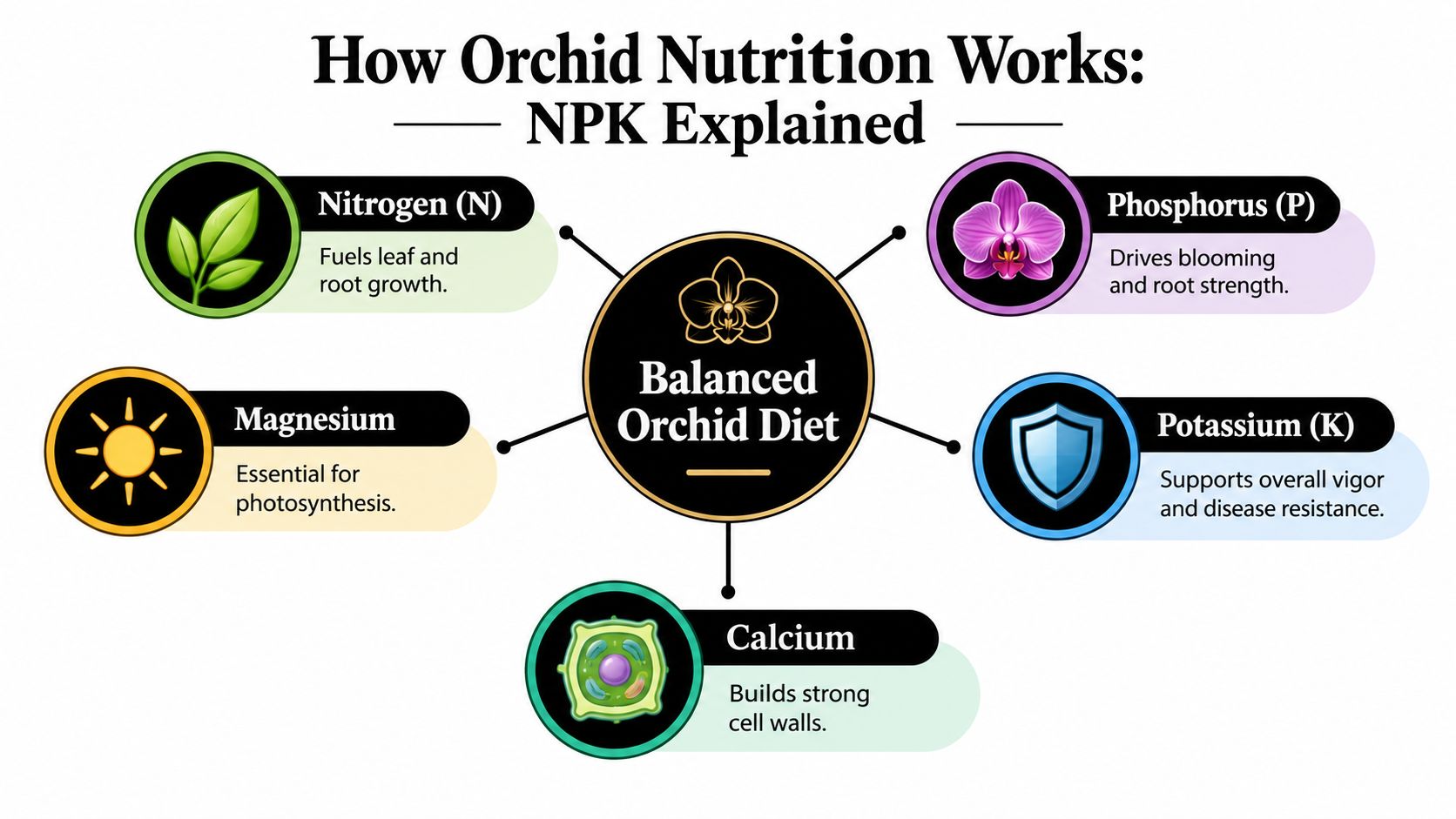 An infographic titled How Orchid Nutrition Works explaining the roles of Nitrogen, Phosphorus, Potassium, Magnesium, and Calcium.