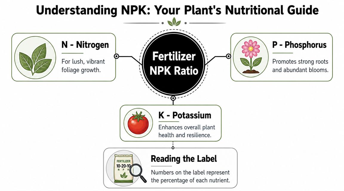 An infographic explaining the NPK fertilizer ratio for plant nutrition, highlighting nitrogen, phosphorus, and potassium benefits.