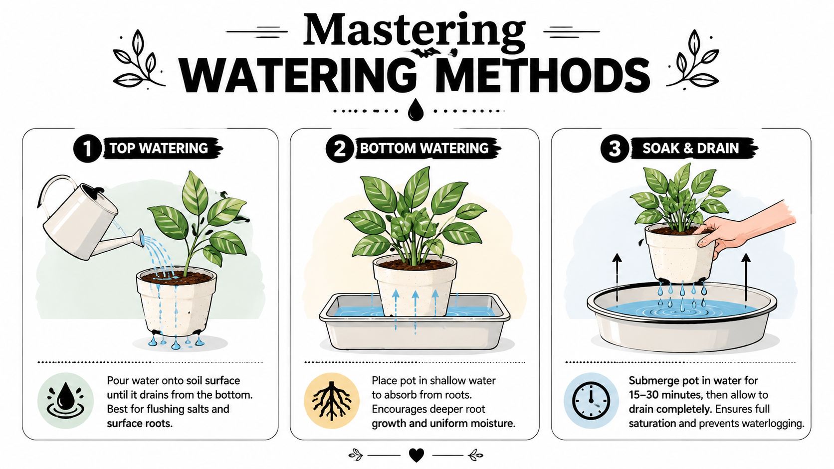 An educational infographic illustrating three methods for watering indoor plants: top watering, bottom watering, and soak and drain.