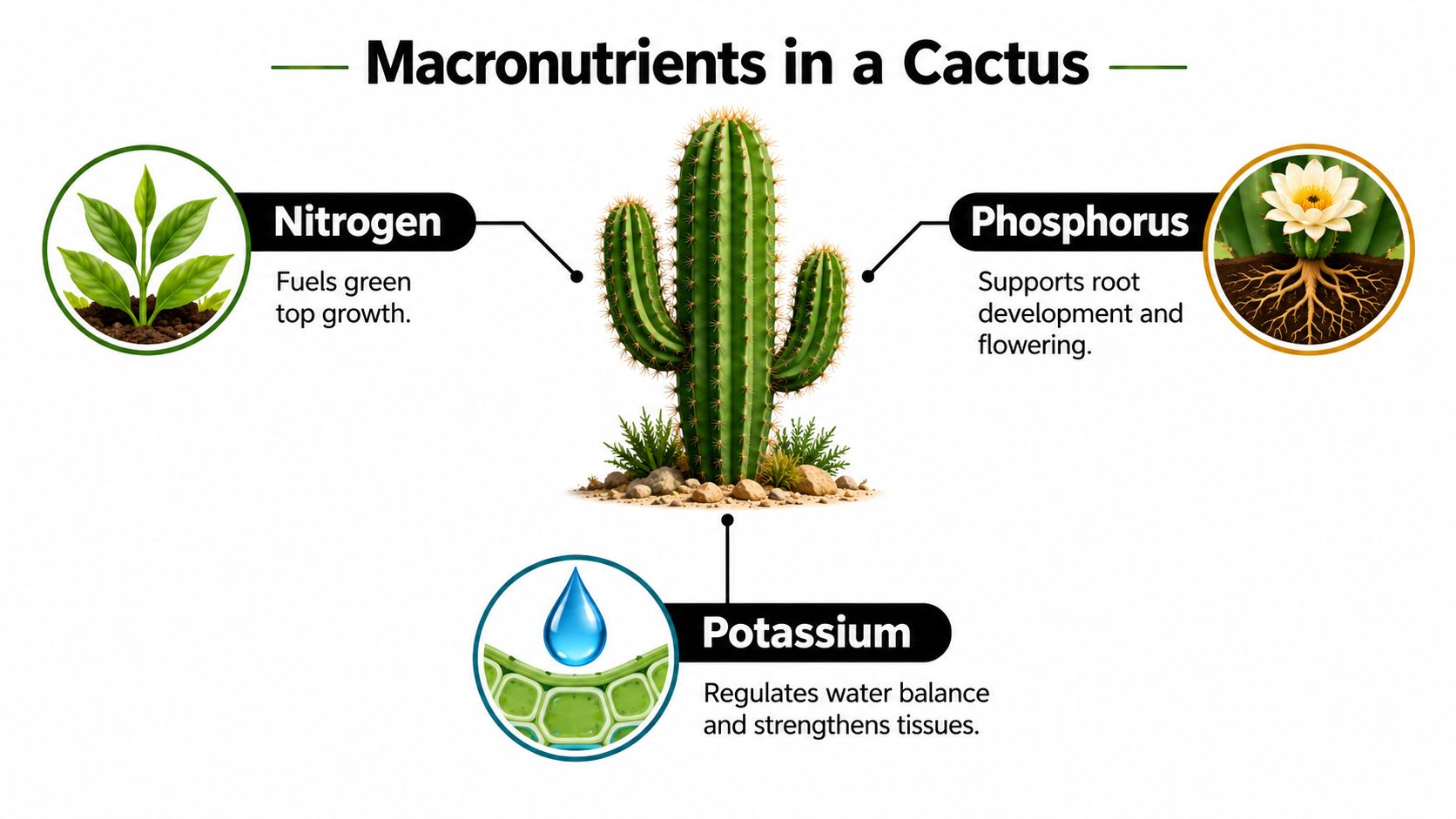 An educational infographic illustrating the roles of nitrogen, phosphorus, and potassium as macronutrients for cactus growth.