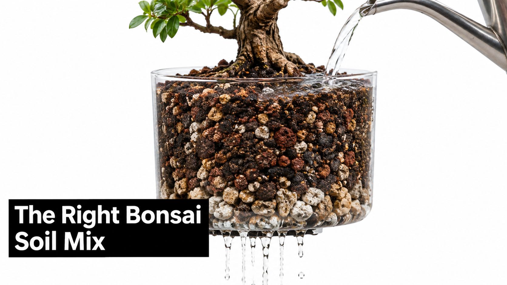 A close-up view of water draining through a porous bonsai soil mix in a glass container.