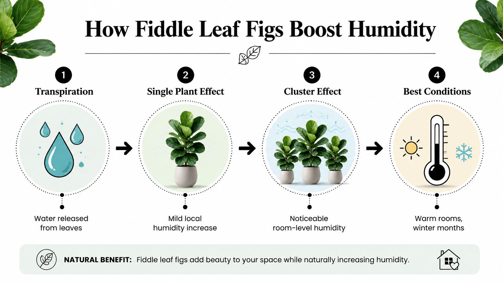 A diagram explaining how Fiddle Leaf Fig plants naturally increase indoor humidity through transpiration and clustering.