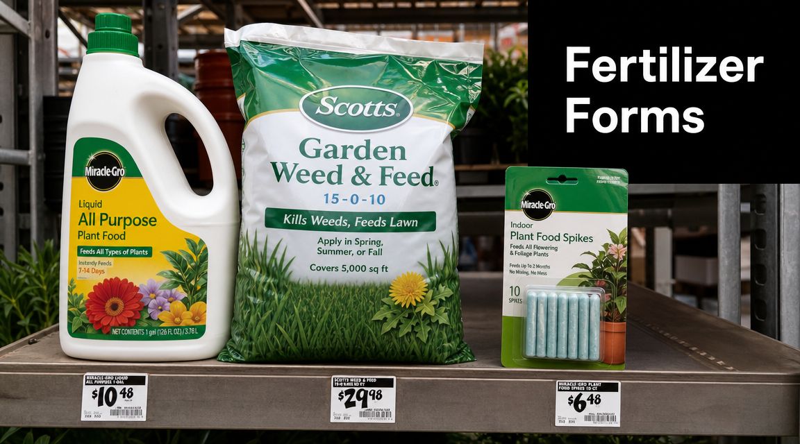 A store shelf displaying three types of Miracle-Gro and Scotts plant fertilizers including liquid, granular, and spikes.