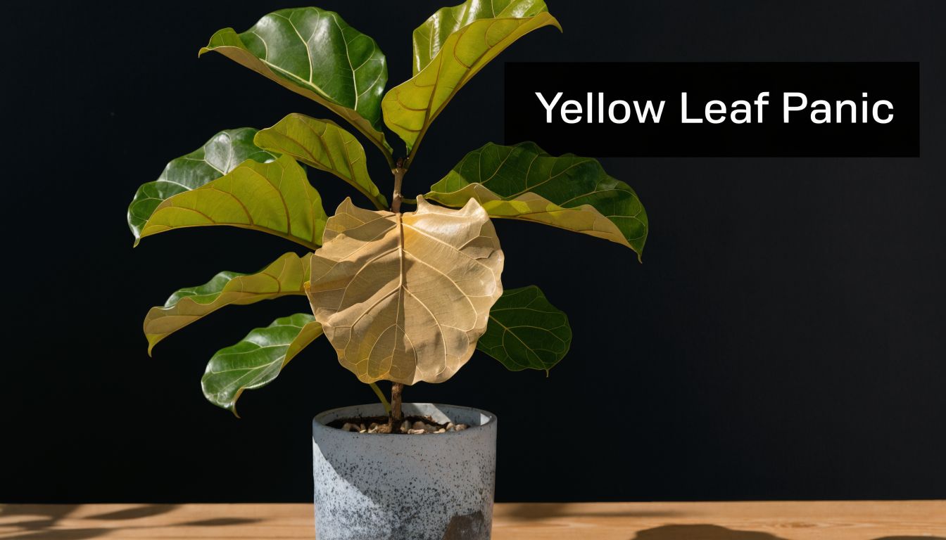 A struggling fiddle leaf fig plant in a speckled pot with a large yellowing leaf against black.