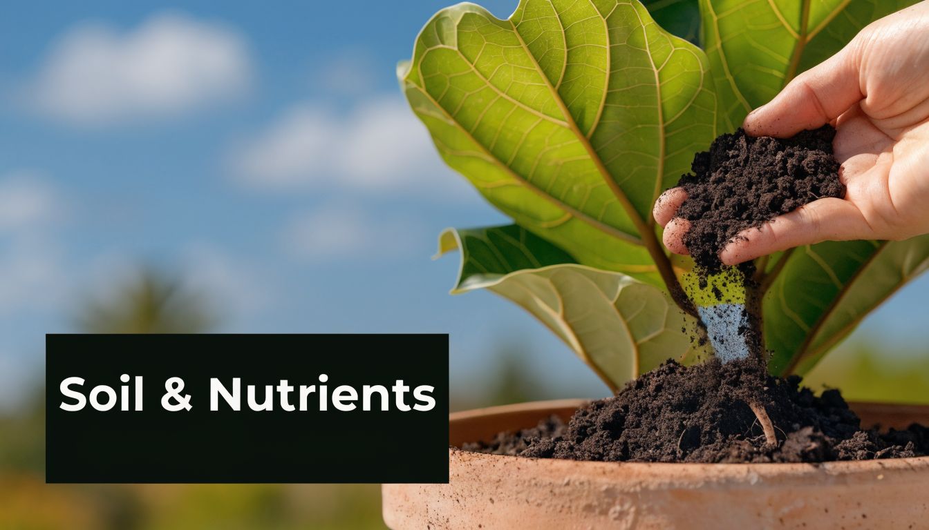 A hand pouring rich dark soil into a potted fiddle leaf fig plant for nutrients.