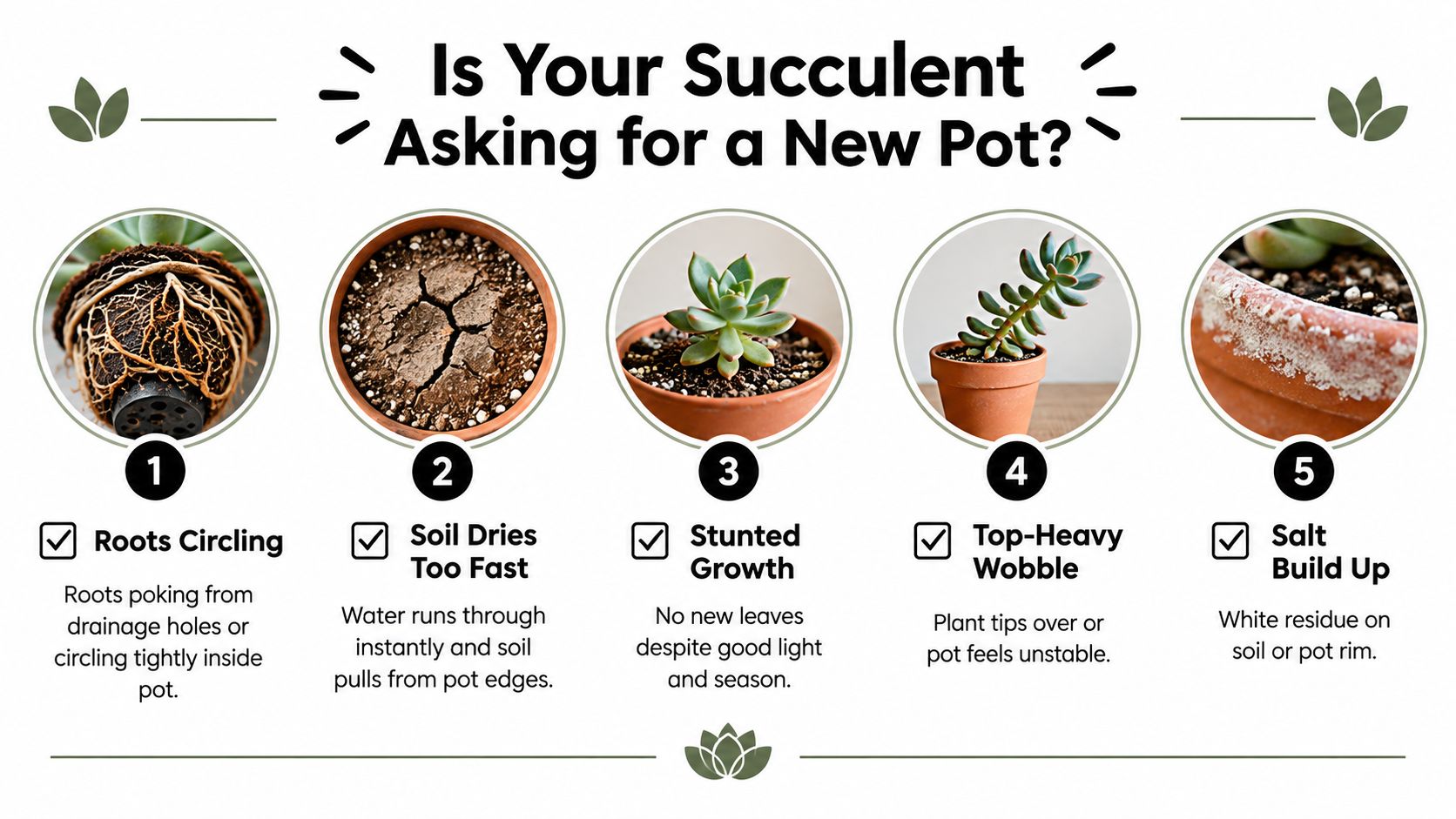 An infographic showing five common signs that indicate it is time to repot your indoor succulent plants.