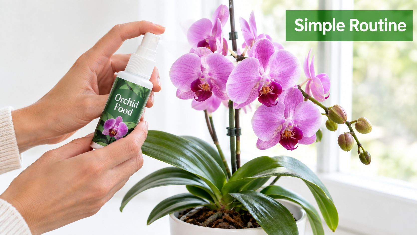 A person spraying orchid food onto a vibrant blooming pink orchid plant near a bright window.