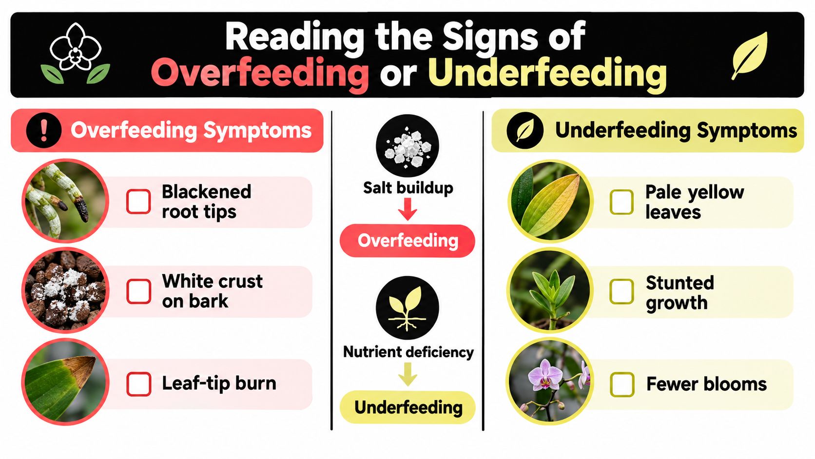 An infographic illustrating the common symptoms of orchid overfeeding compared to nutrient deficiency underfeeding signs.