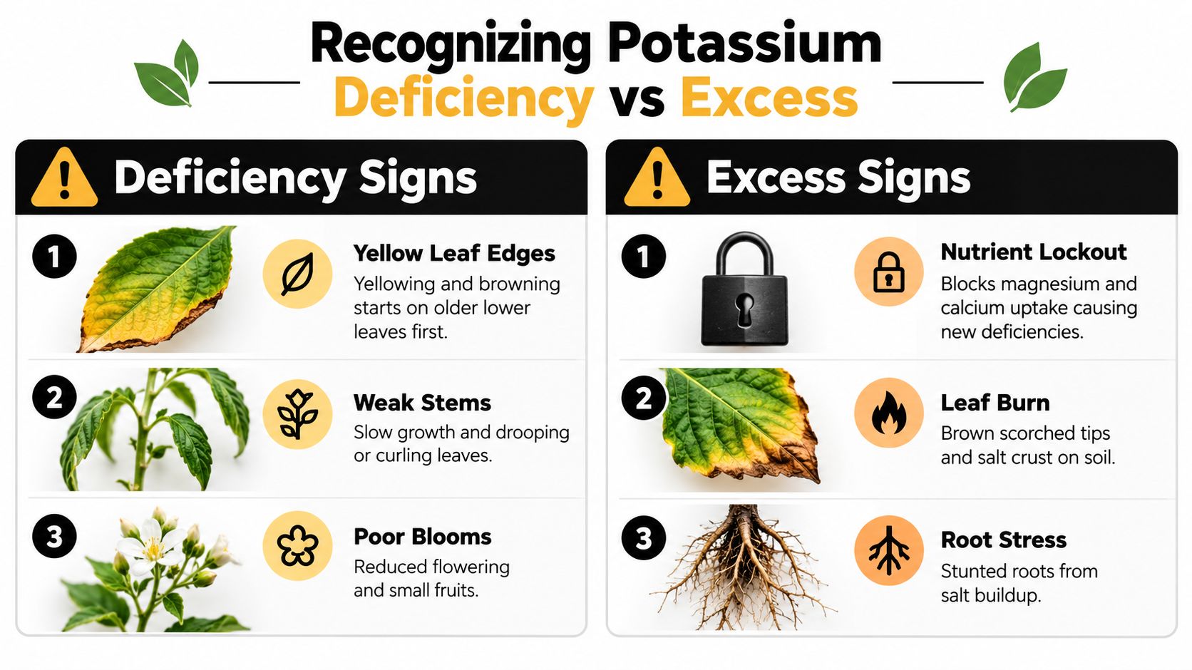 An infographic comparing signs of potassium deficiency and potassium excess in plants with descriptive icons and text.