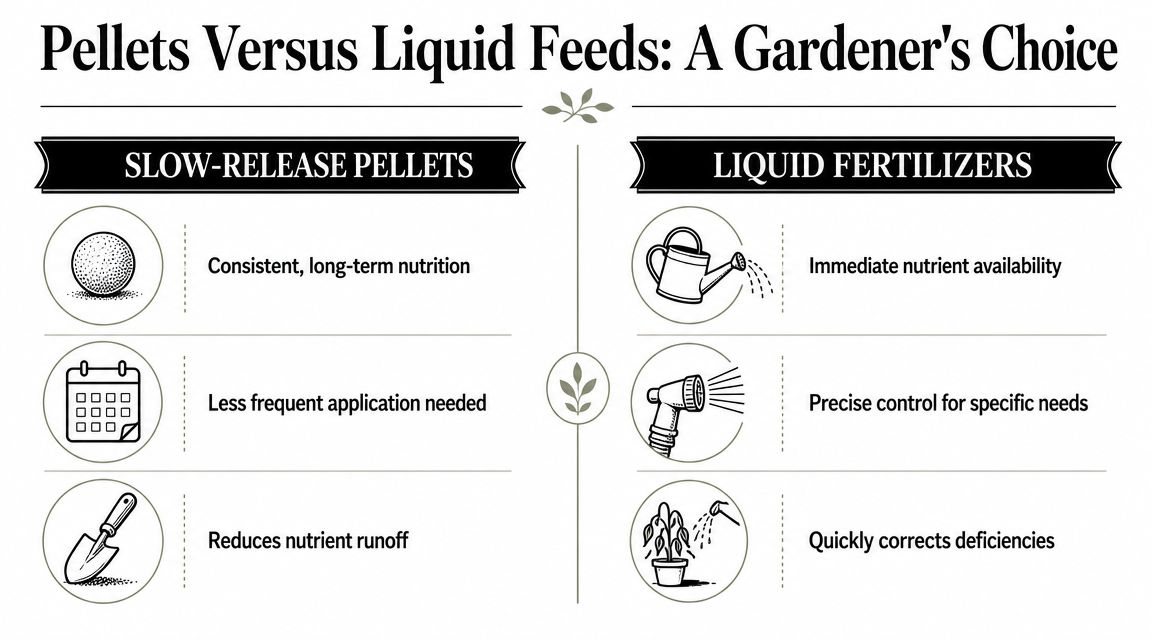 A comparison chart showing the benefits of slow-release pellets versus liquid fertilizers for gardening and plant care.