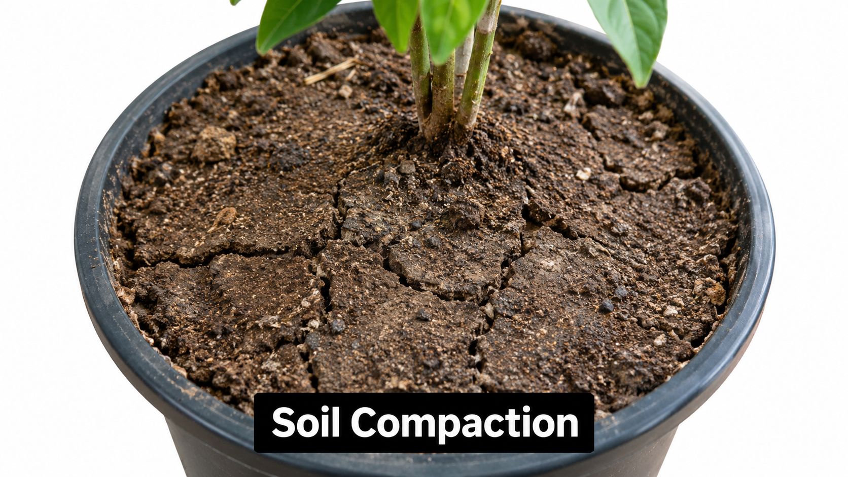 A close-up view of a plant pot showing dry, cracked, and compacted soil on the surface.