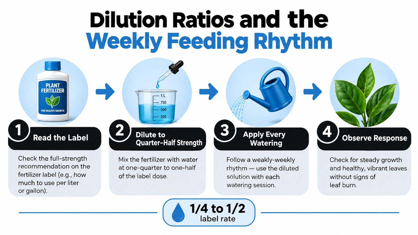 An infographic showing a four-step guide on how to dilute and apply liquid fertilizer to plants.