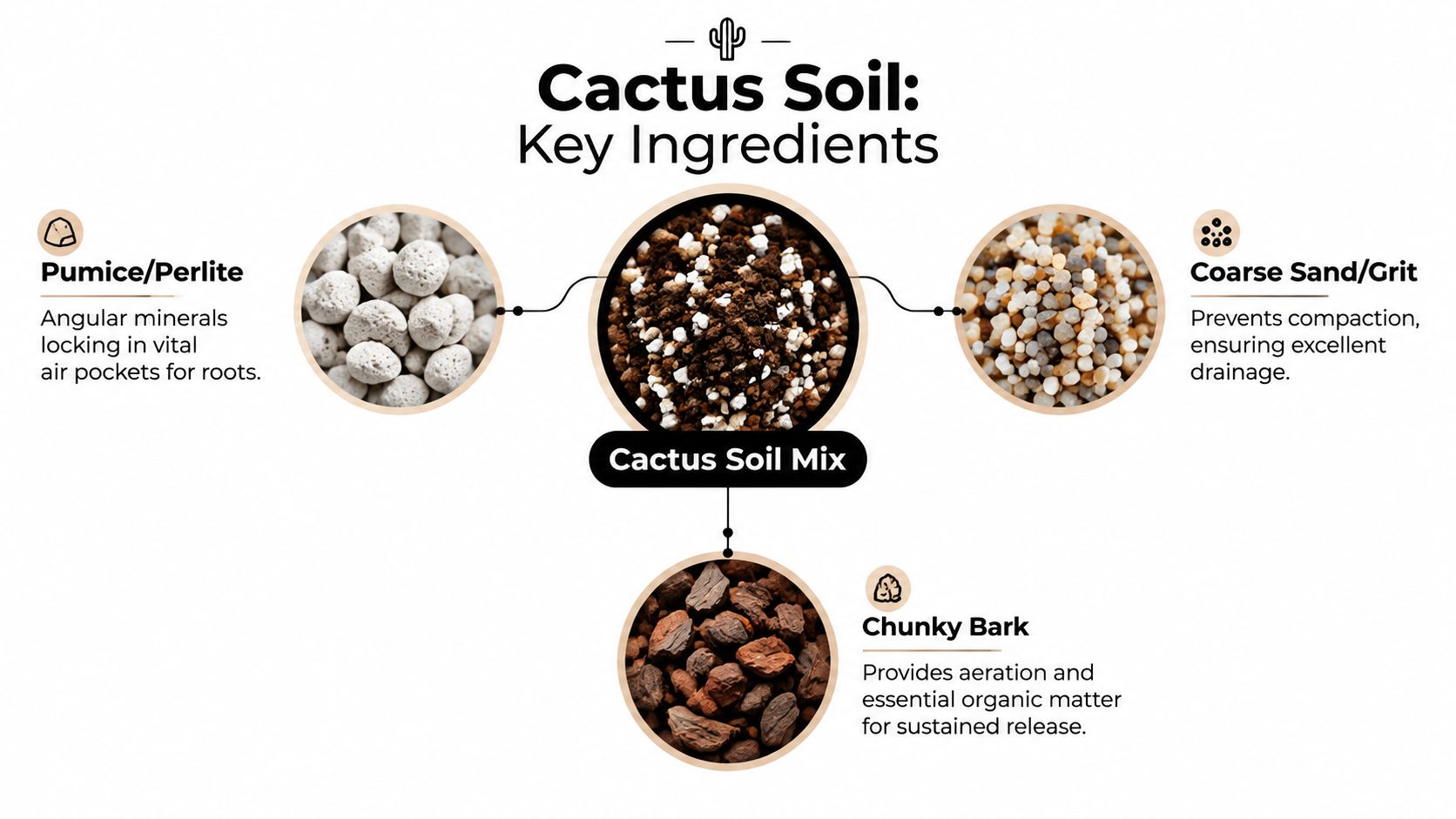 An infographic showing the three key ingredients for cactus soil mix, including pumice, grit, and bark.