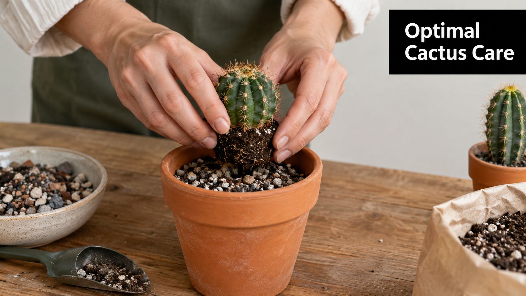 A person carefully planting a small green cactus into a terracotta pot with cactus soil mix.