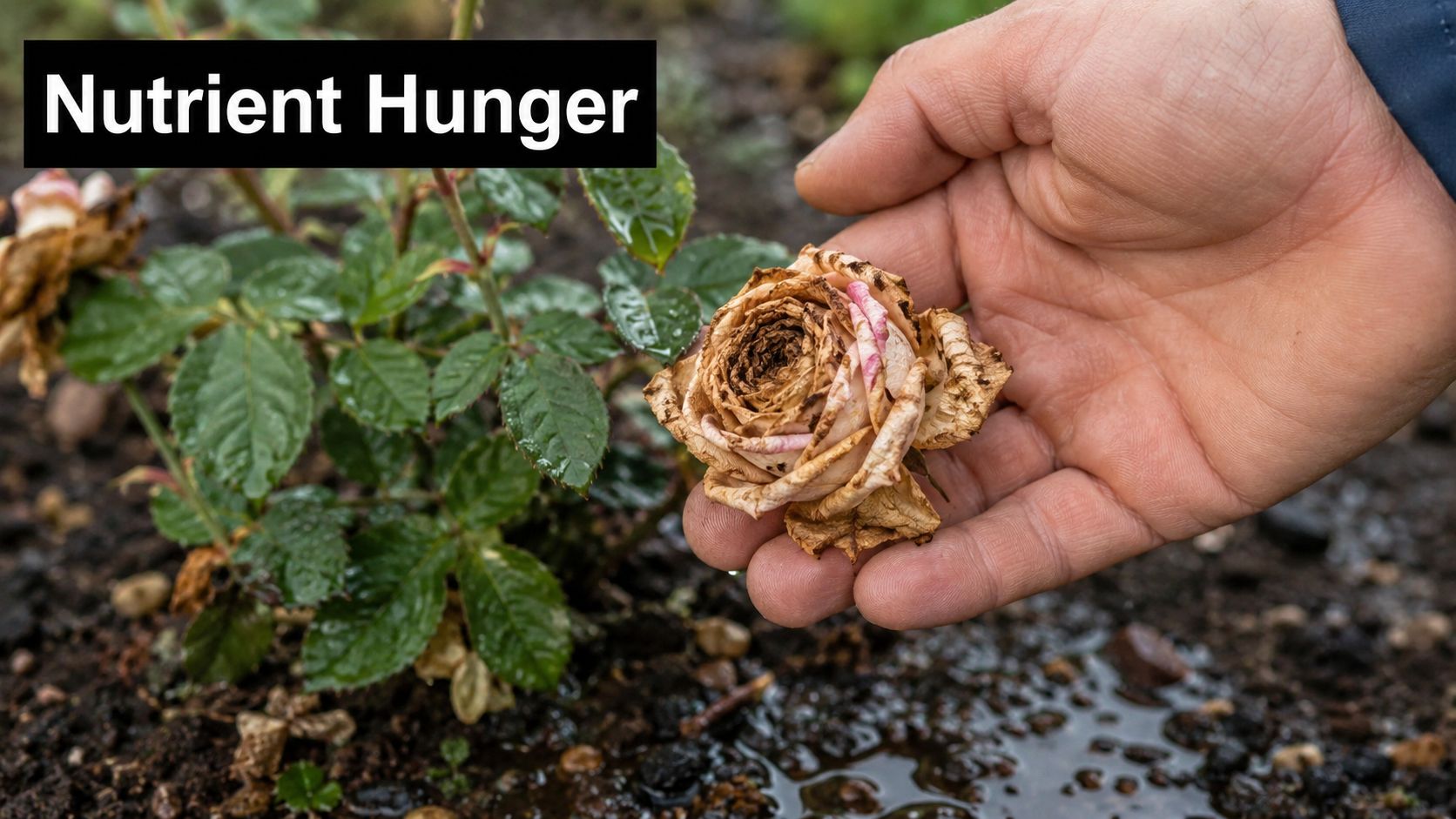 A close-up view of a person holding a withered rose flower showing signs of nutrient deficiency.