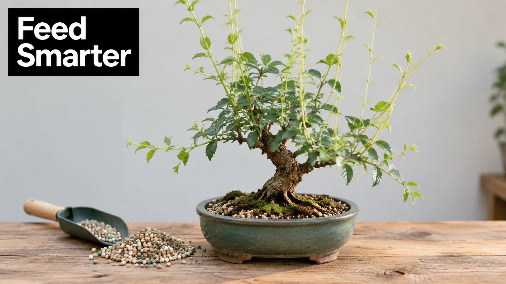 A bonsai tree in a green pot next to a scoop and pile of slow-release fertilizer pellets.