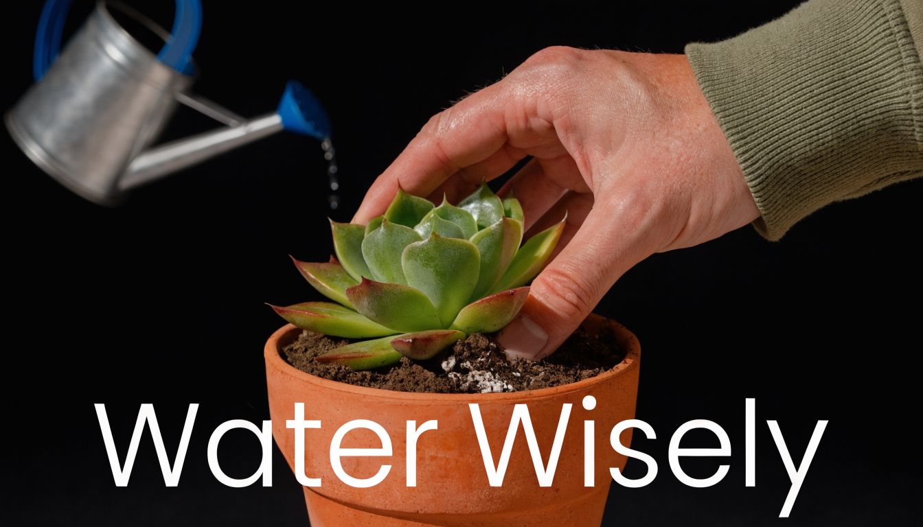 A human hand gently touches a green succulent in a terracotta pot while a watering can pours water.