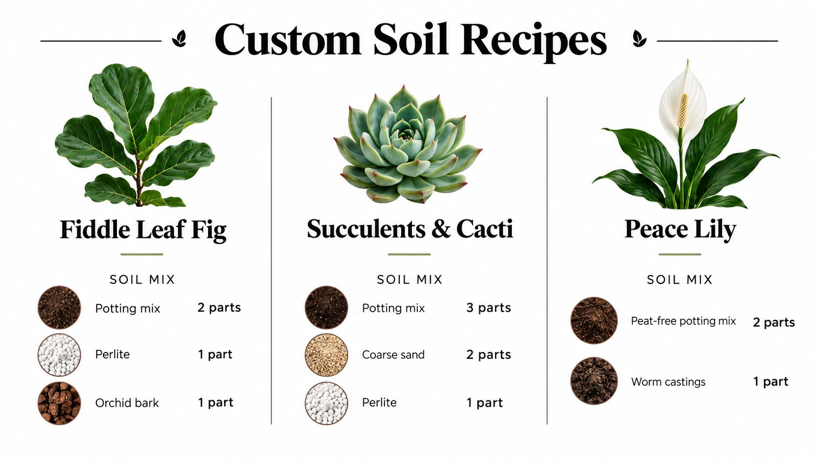 An infographic showing custom soil mix recipes for Fiddle Leaf Fig, Succulents, and Peace Lily houseplants.