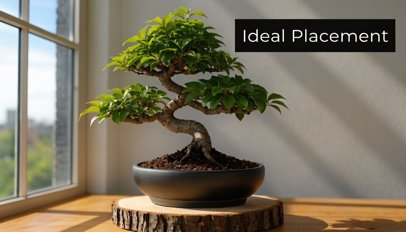 A beautiful bonsai tree placed in a black pot on a wooden slice near a bright window.