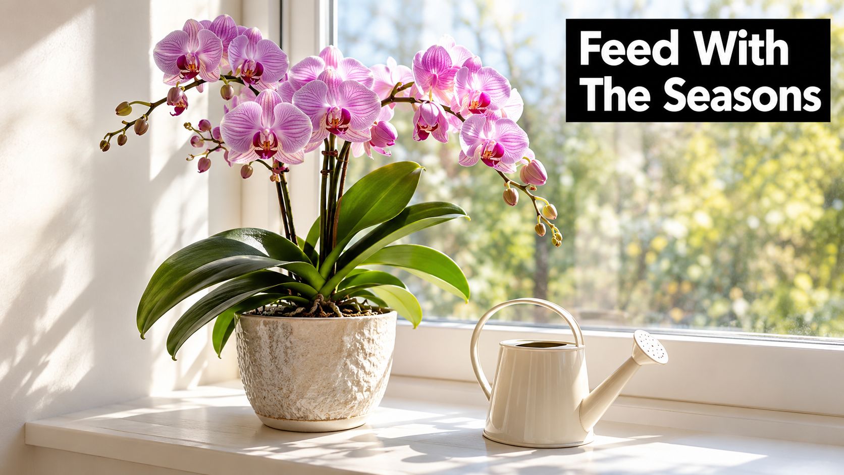 A beautiful blooming orchid in a pot next to a small white watering can on a windowsill.