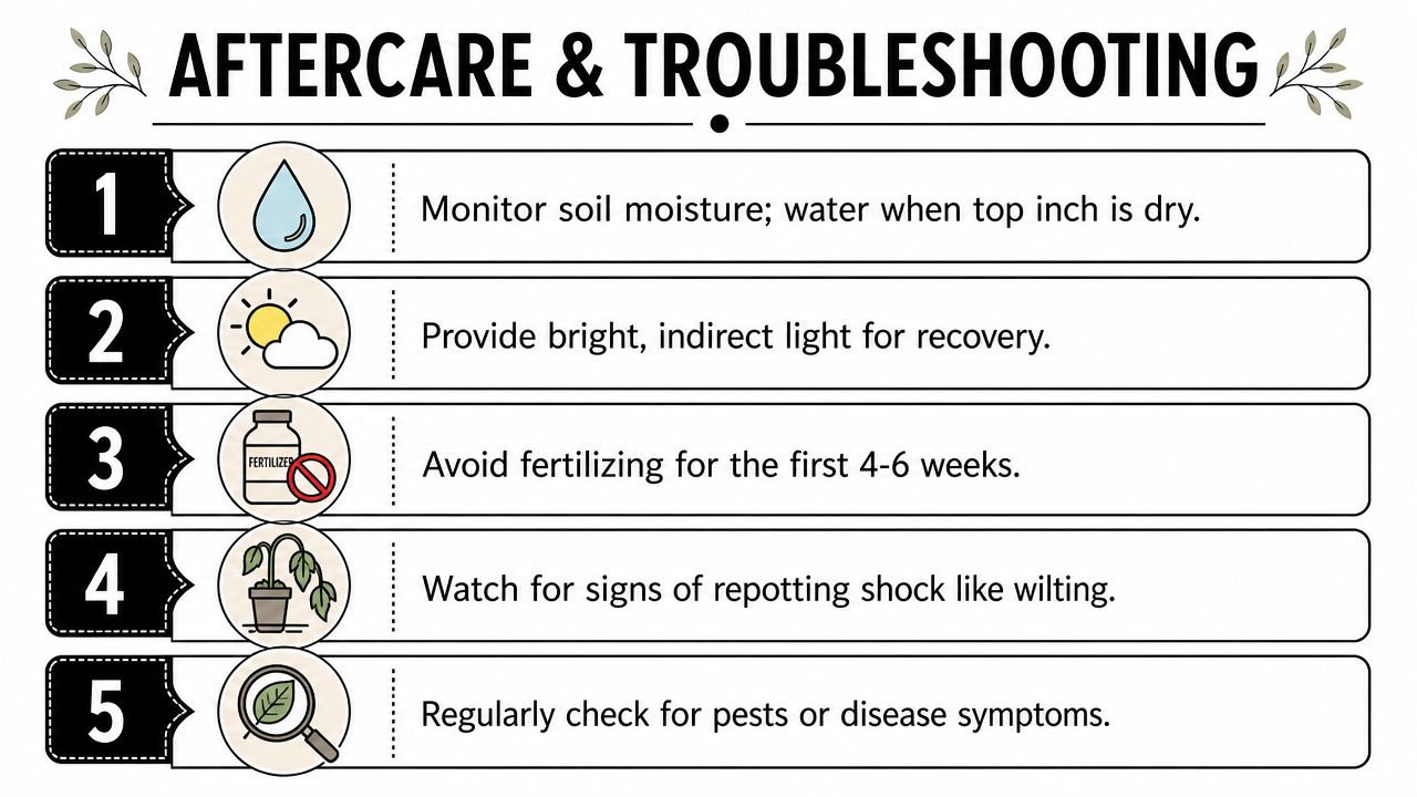 A five-step infographic guide titled Aftercare & Troubleshooting for indoor plants after repotting.
