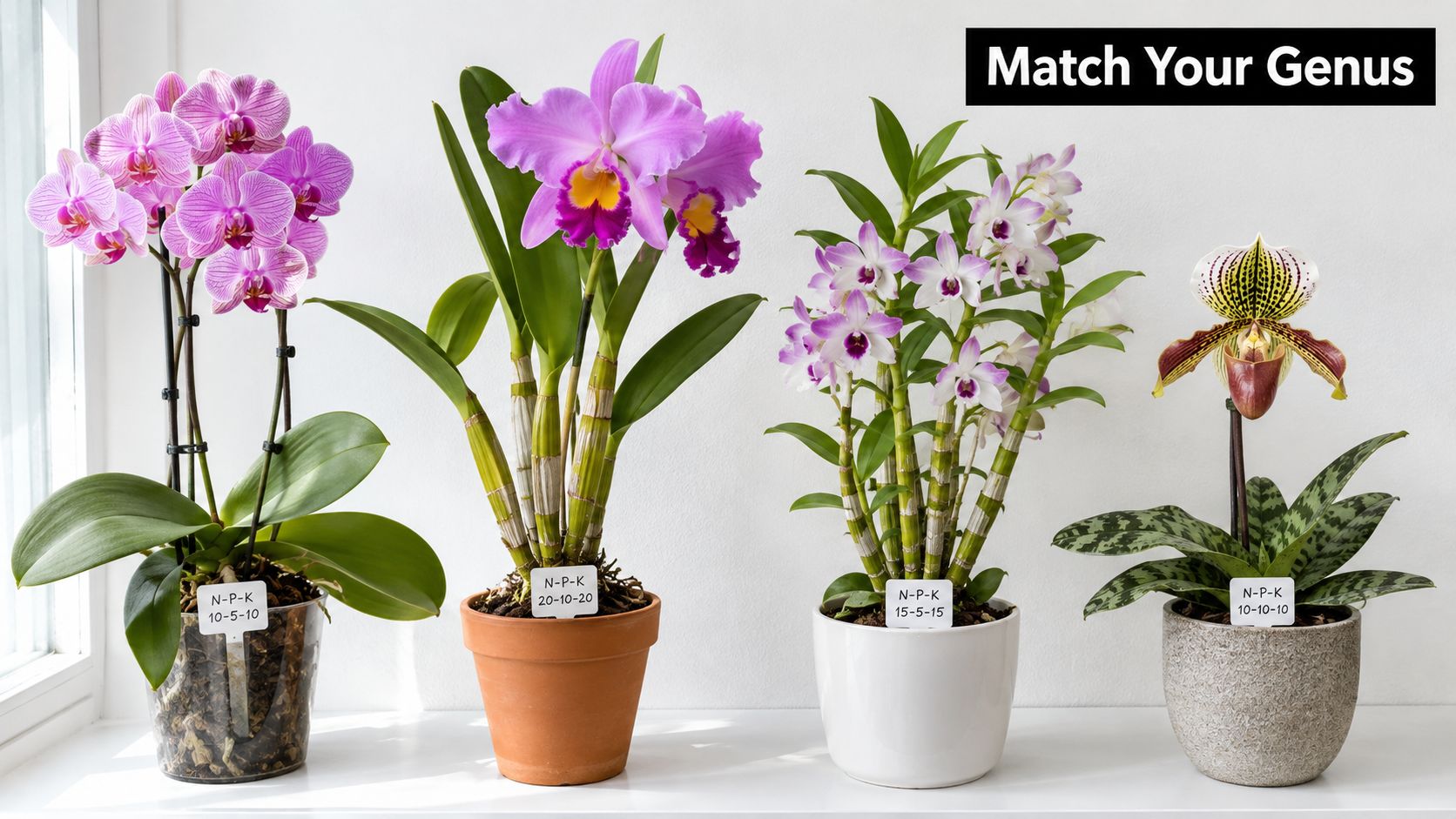 Four different types of potted orchid plants displayed in a row, each labeled with a specific NPK fertilizer ratio.