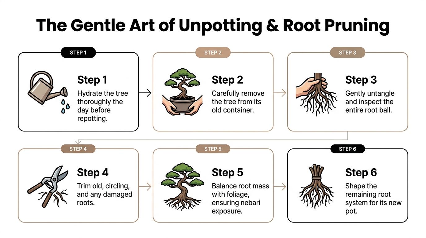 A six-step infographic guide detailing the gentle art of unpotting and root pruning for bonsai trees.