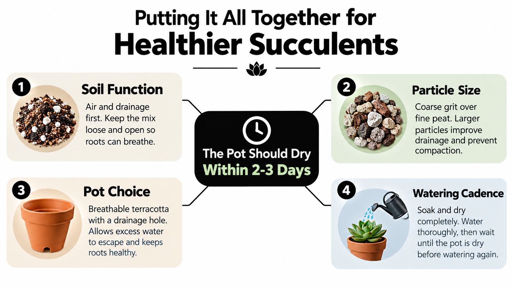 An infographic titled Putting It All Together for Healthier Succulents with four tips for succulent care.