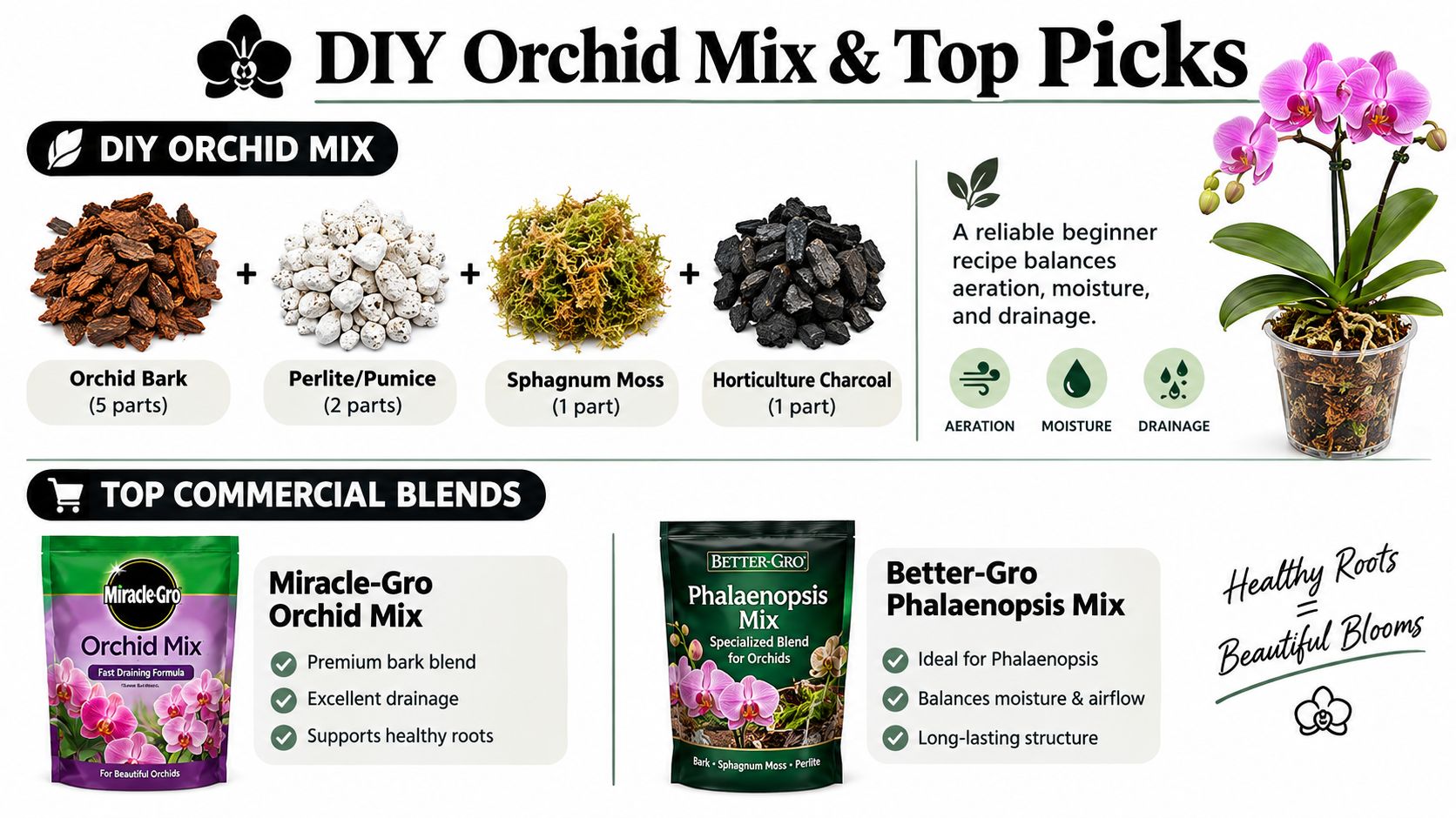 An infographic showing ingredients for a DIY orchid potting mix and recommended commercial brands for healthy orchids.