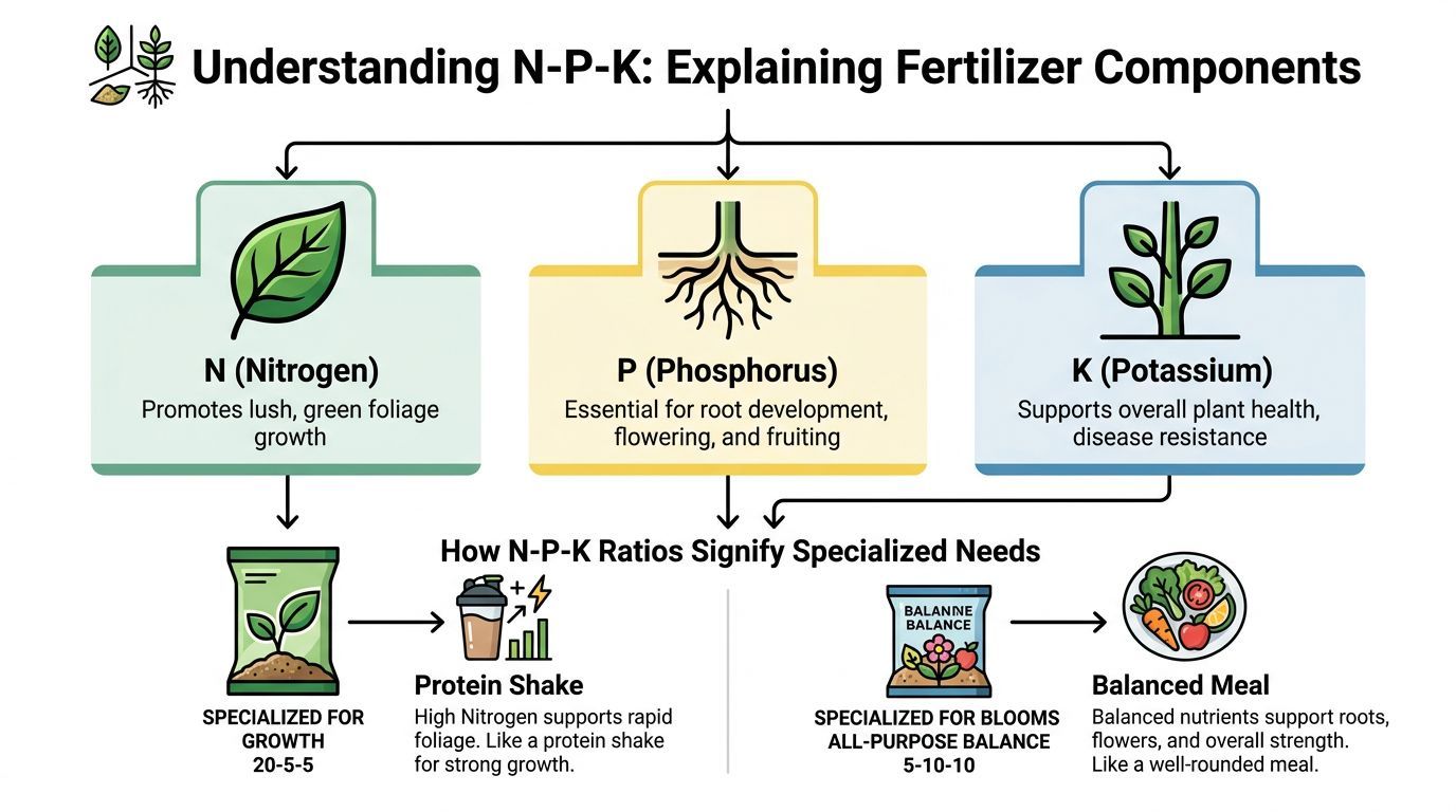 An infographic explaining N-P-K fertilizer components showing nitrogen, phosphorus, and potassium functions for plant health.