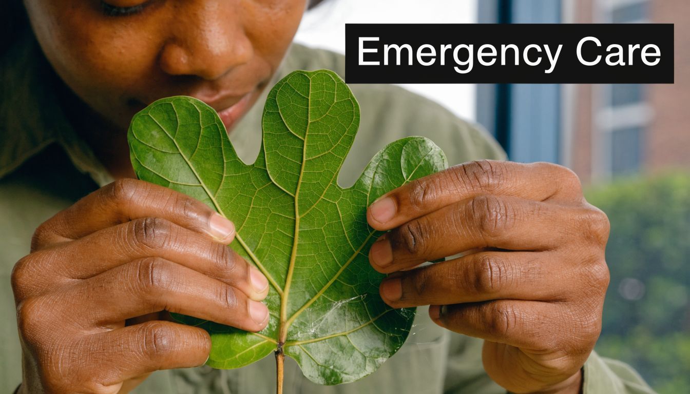 A person examining a fiddle leaf fig plant leaf while focusing on its texture and health.
