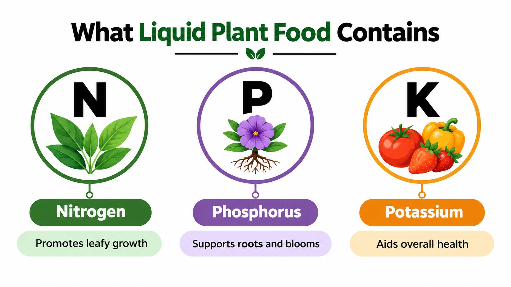 An infographic detailing the three main components of liquid plant food: Nitrogen, Phosphorus, and Potassium.