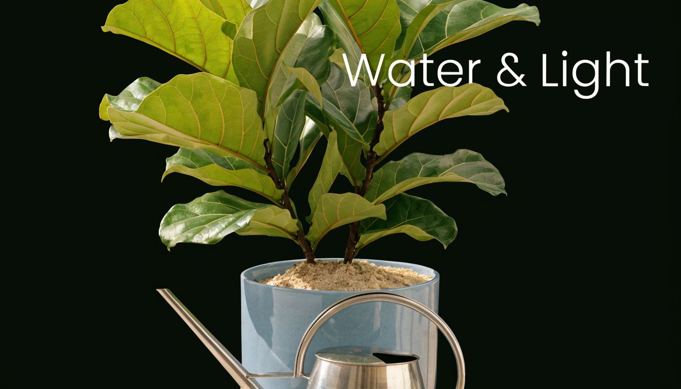 A vibrant fiddle leaf fig plant in a blue pot next to a silver watering can.