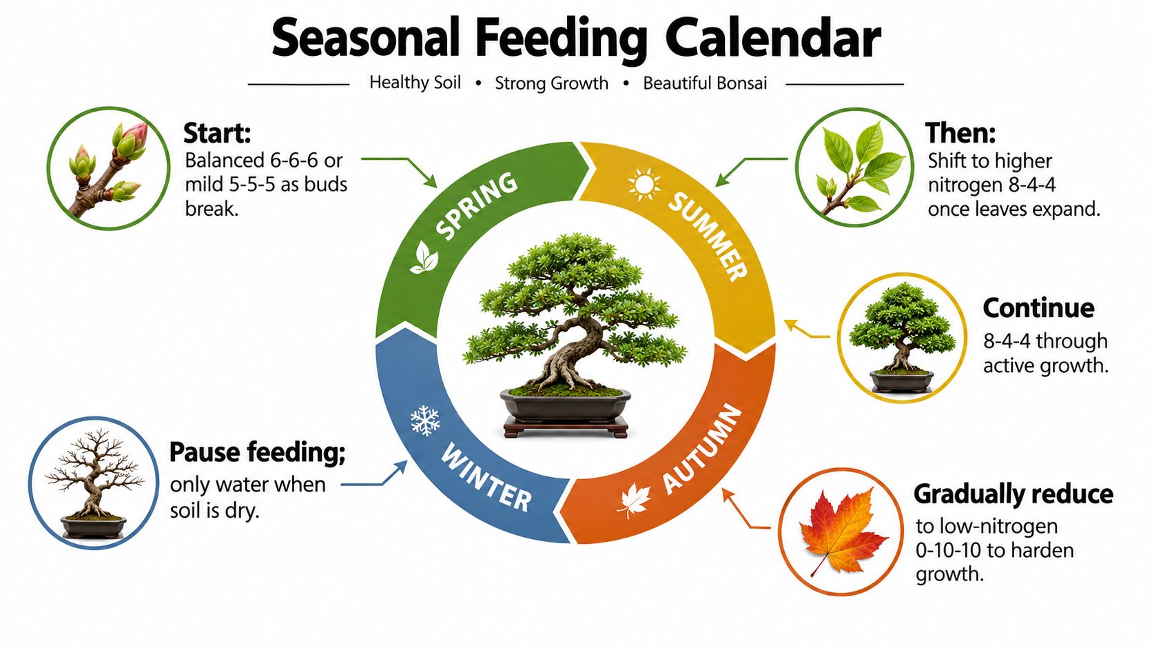 A seasonal feeding calendar for bonsai trees showing when to fertilize throughout the year.