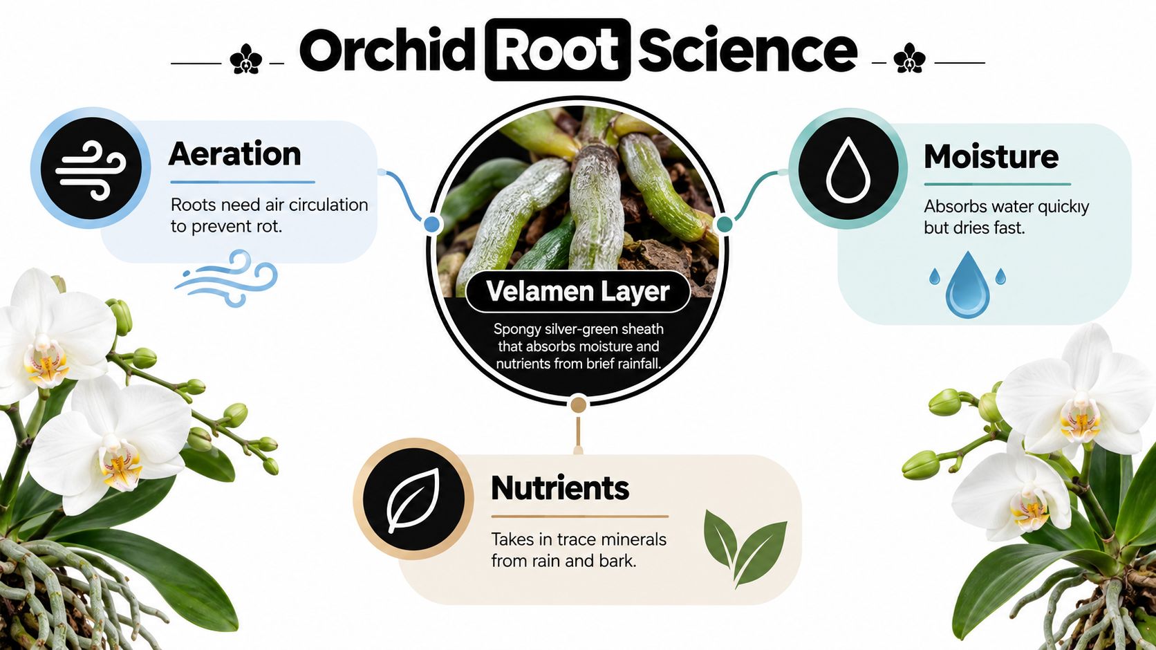 An infographic detailing orchid root science, explaining the roles of aeration, velamen layers, moisture, and essential nutrients.