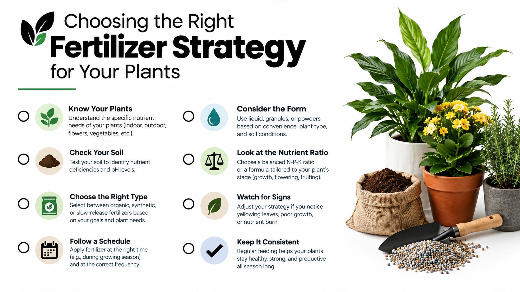 An infographic titled Choosing the Right Fertilizer Strategy for Your Plants showing tips for gardening success.