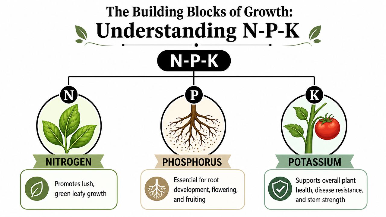 An infographic explaining the roles of nitrogen, phosphorus, and potassium as essential plant fertilizer nutrients.