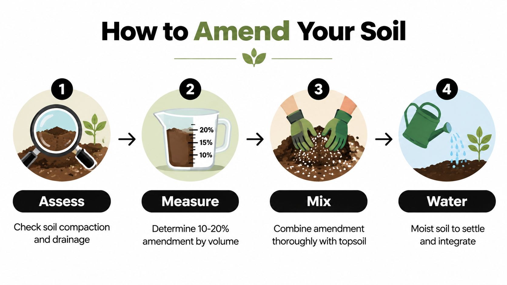 A step-by-step infographic showing four simple stages to amend your soil for better houseplant growth.