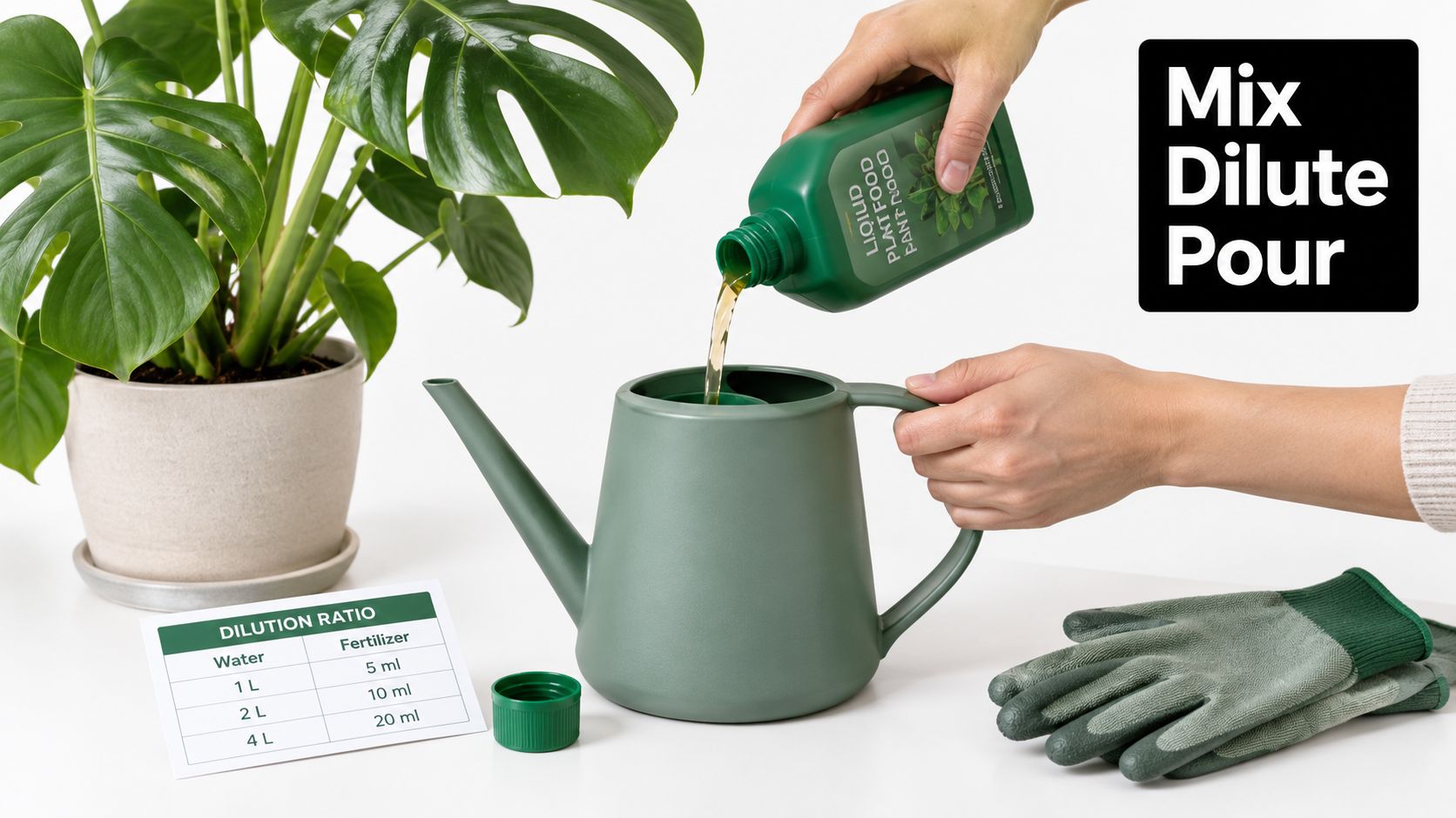 A person pouring liquid fertilizer from a green bottle into a green watering can near a plant.