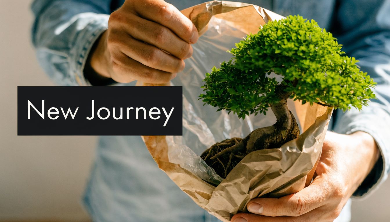 A person holding a small green bonsai tree in a brown paper bag, symbolizing a new journey.