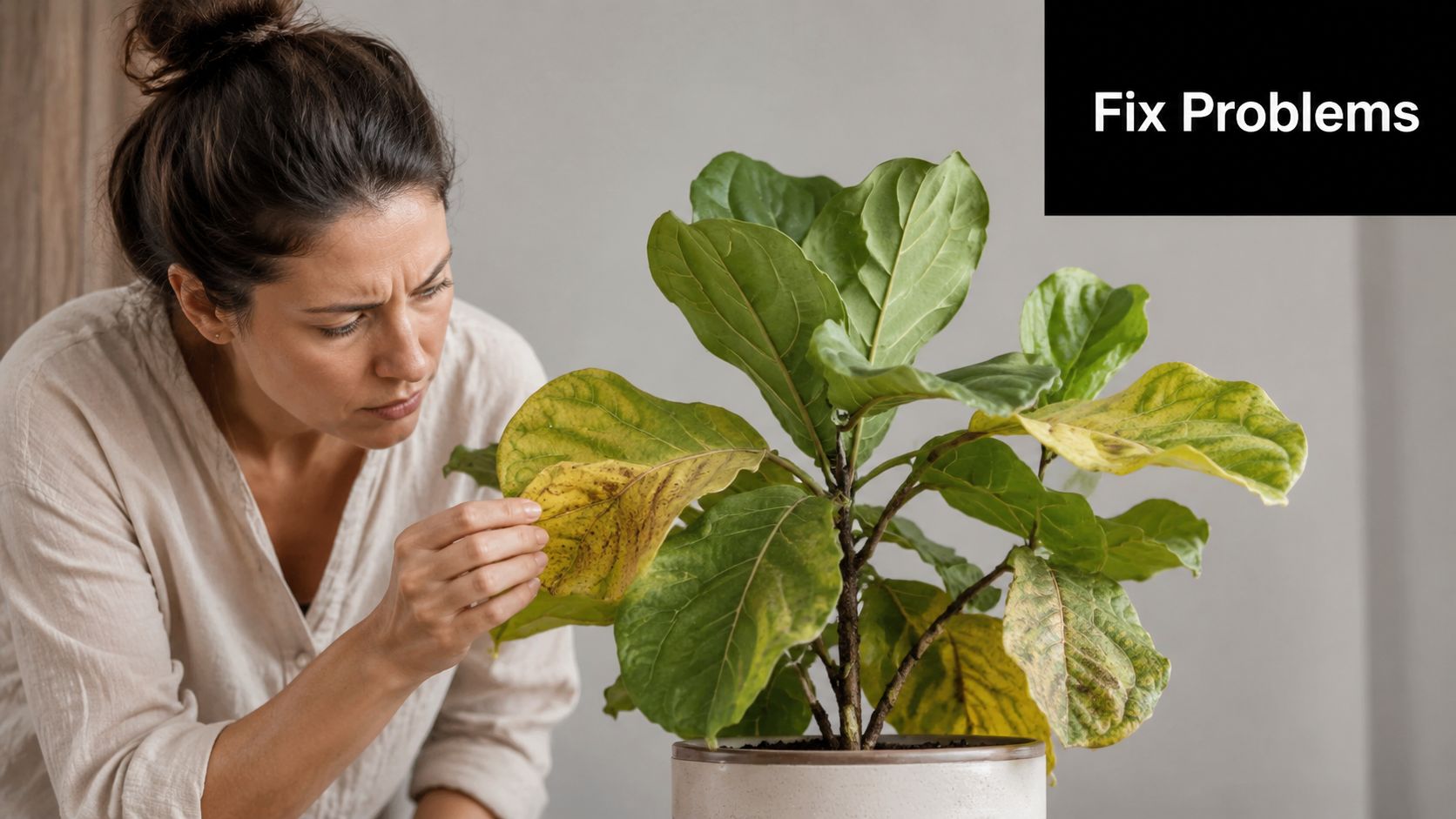 A concerned woman examines the yellowing and spotted leaves of her unhealthy fiddle leaf fig plant.